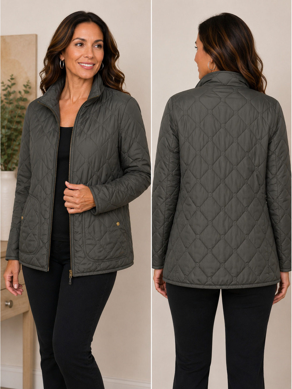 Eddie Bauer Quilted Olive Green Jacket with Snap and Zipper Closure